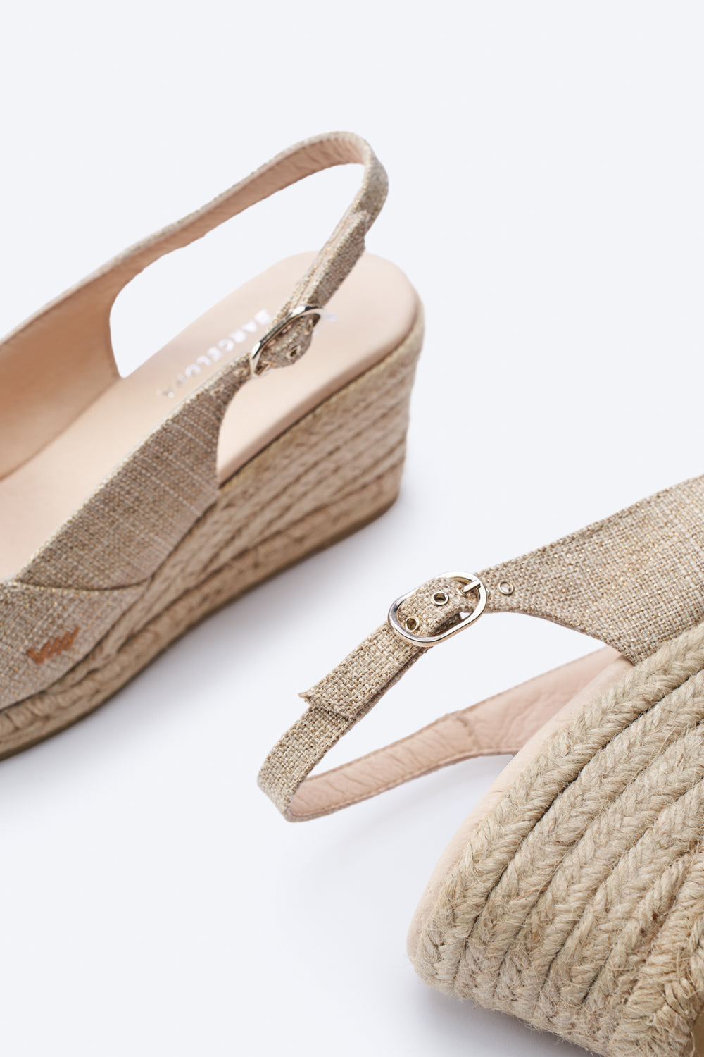 Llansa Crossed Open Toe Limited Edition Gold Canvas Slingback Women Espadrille Wedges Buckle Detail