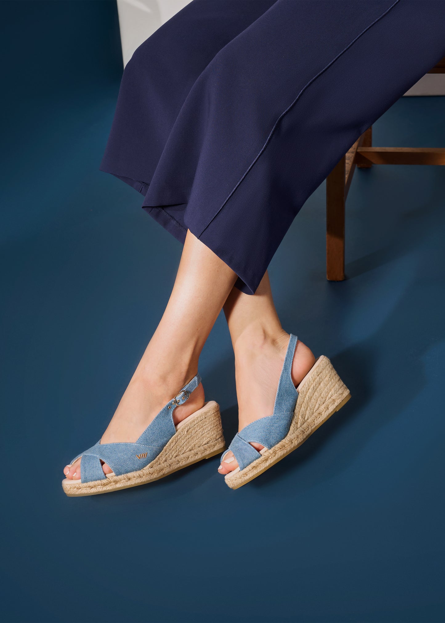 Llansa Crossed Open Toe Limited Edition Light Denim Canvas Slingback Women Espadrille Wedges Legs