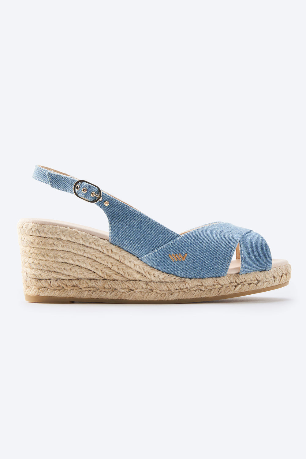 Llansa Crossed Open Toe Limited Edition Light Denim Canvas Slingback Women Espadrille Wedges