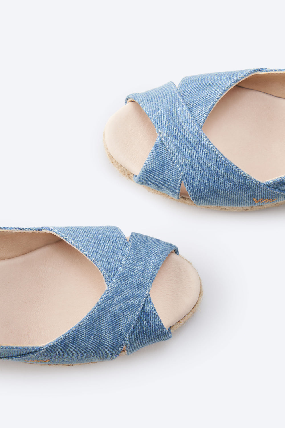 Llansa Limited Edition Light Denim Canvas Slingback Women Espadrille Low Wedges Crossed Open Toe Detail