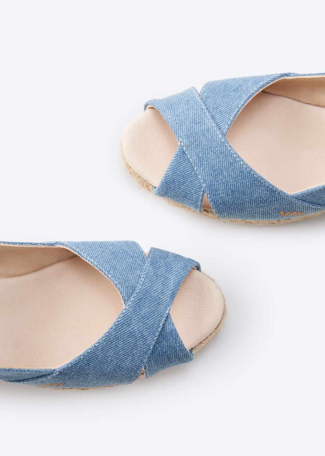 Llansa Limited Edition Light Denim Canvas Slingback Women Espadrille Low Wedges Crossed Open Toe Detail