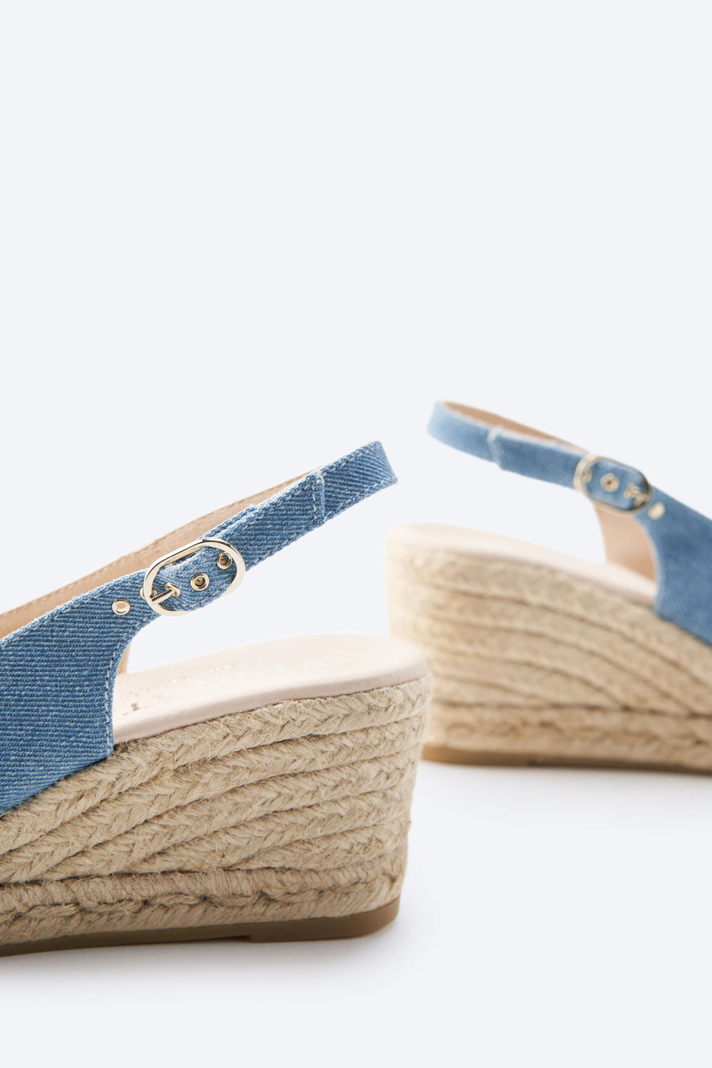Llansa Crossed Open Toe Limited Edition Light Denim Canvas Women Espadrille Low Wedges Slingback Details