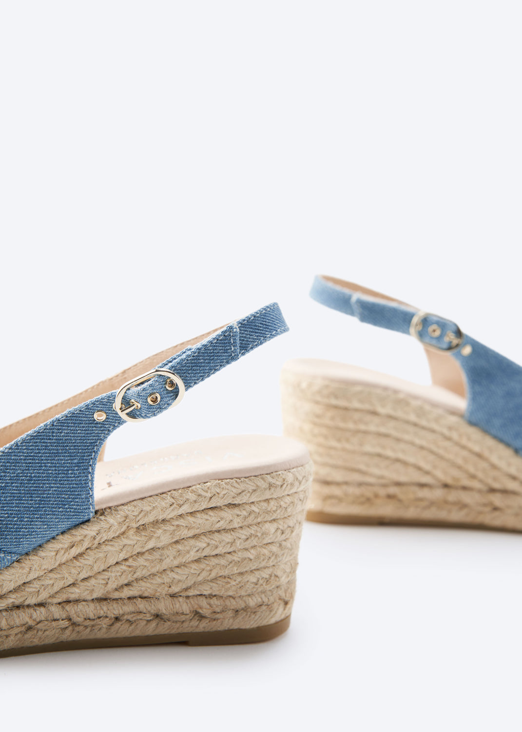 Llansa Crossed Open Toe Limited Edition Light Denim Canvas Women Espadrille Low Wedges Slingback Details