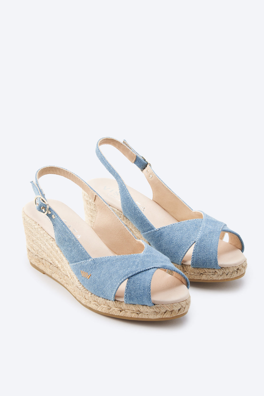Llansa Crossed Open Toe Limited Edition Light Denim Canvas Slingback Women Espadrille Low Wedges