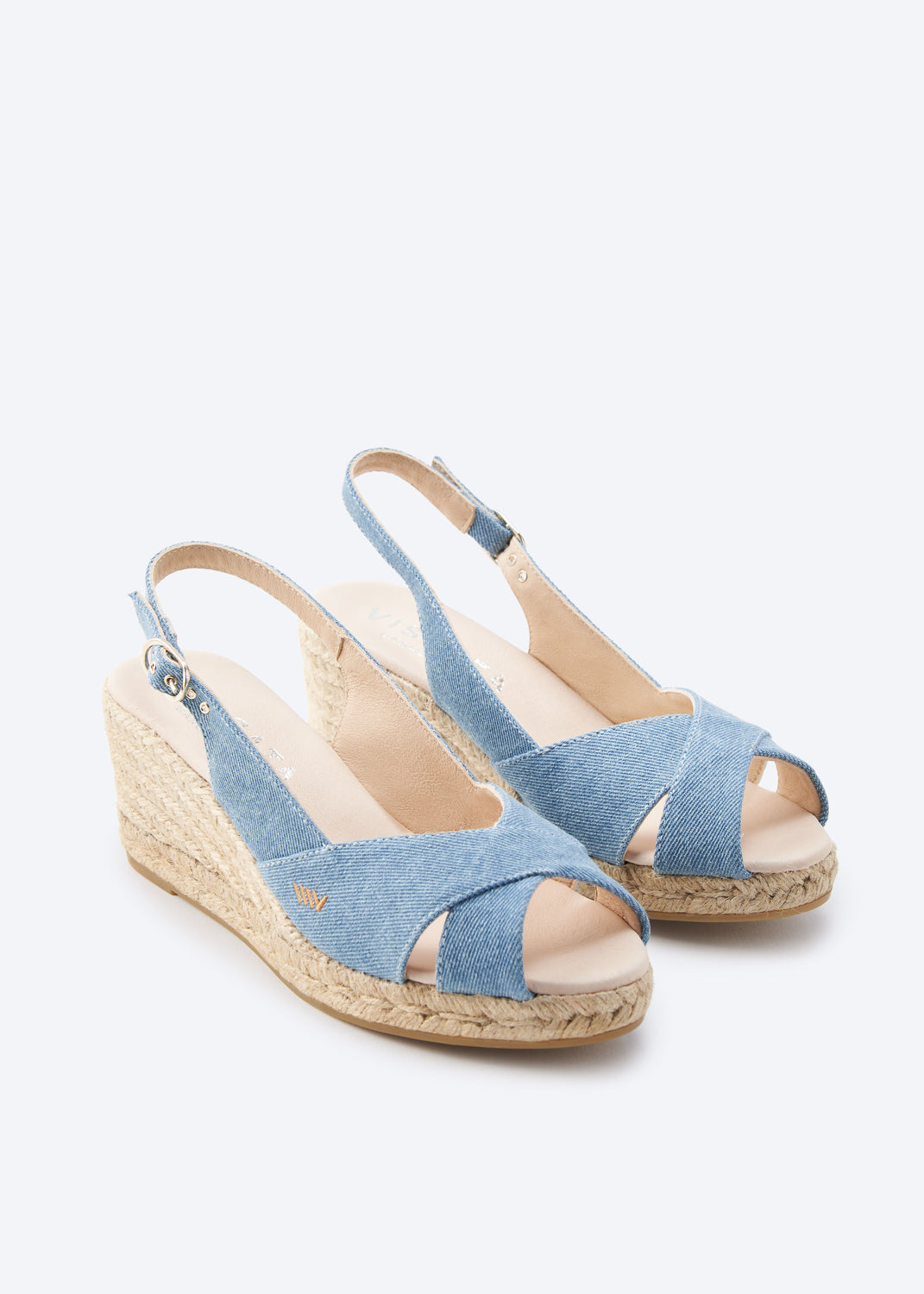 Llansa Crossed Open Toe Limited Edition Light Denim Canvas Slingback Women Espadrille Low Wedges