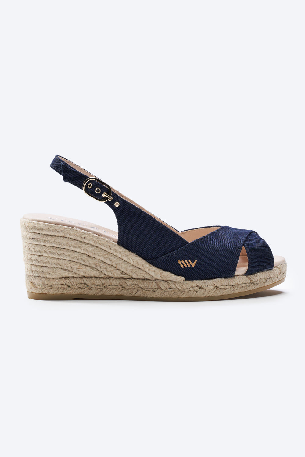 Llansa Crossed Open Toe Navy Blue Canvas Slingback Women Espadrille Wedge