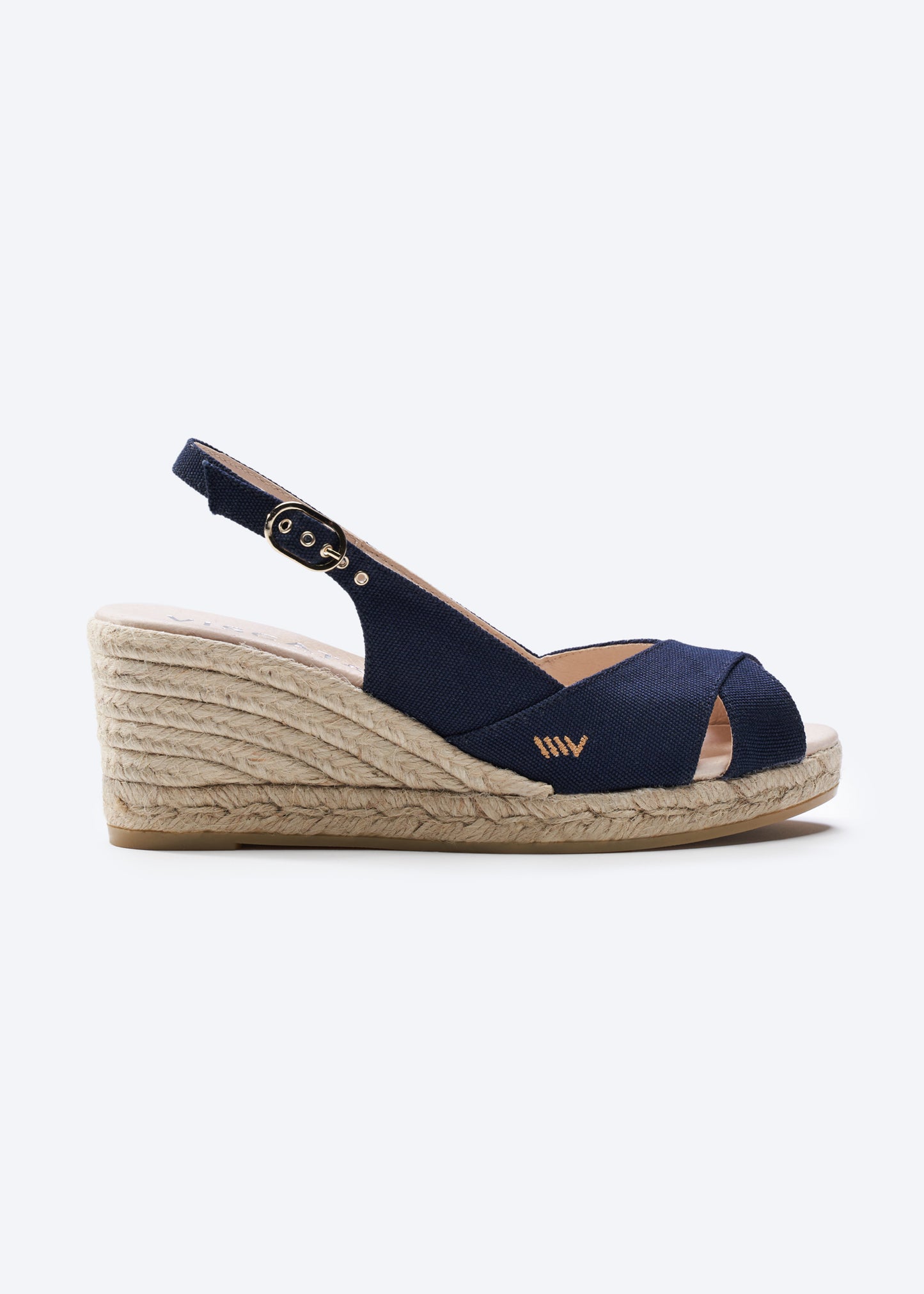 Llansa Crossed Open Toe Navy Blue Canvas Slingback Women Espadrille Wedge