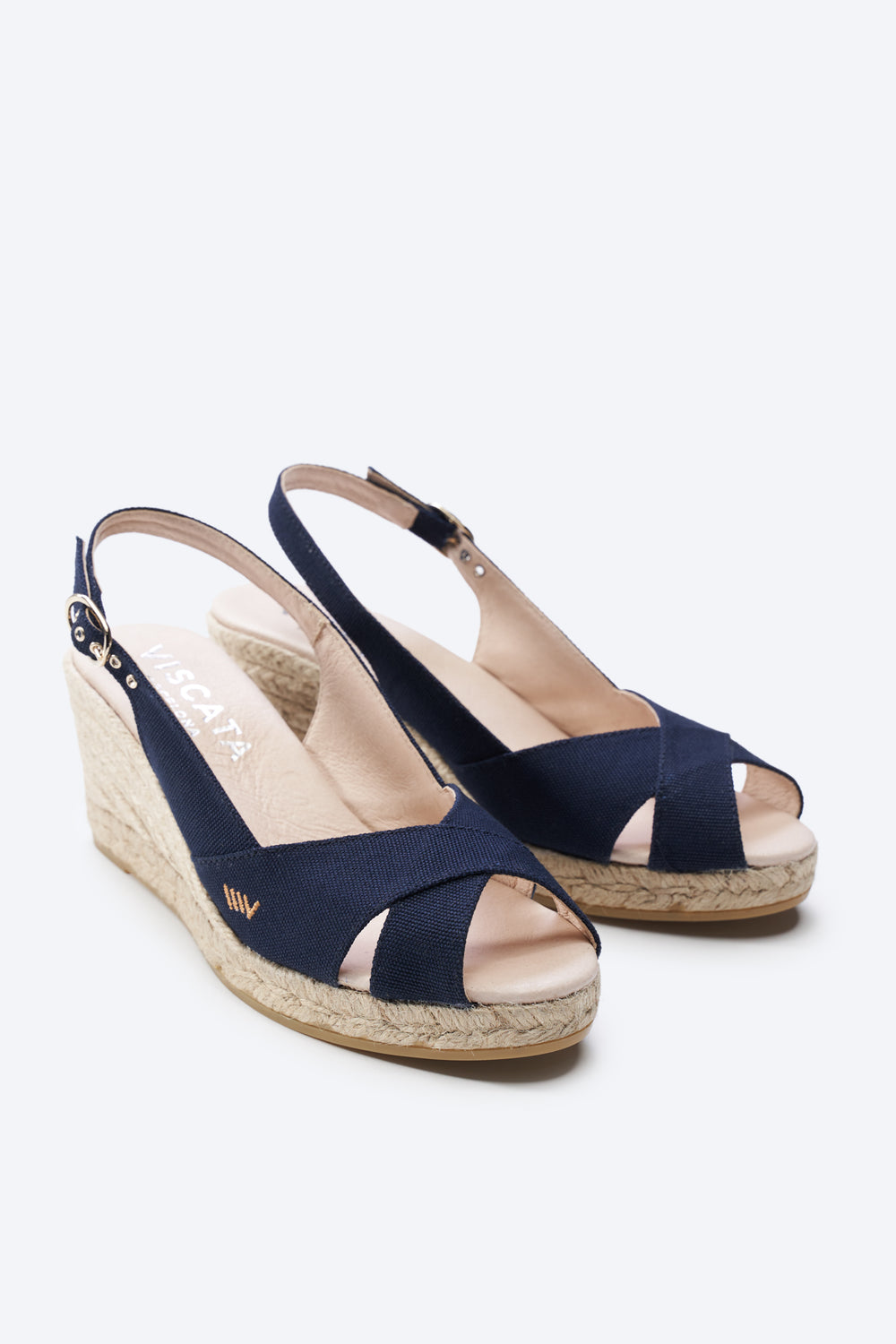 Llansa Crossed Open Toe Navy Blue Canvas Slingback Women Espadrille Wedges