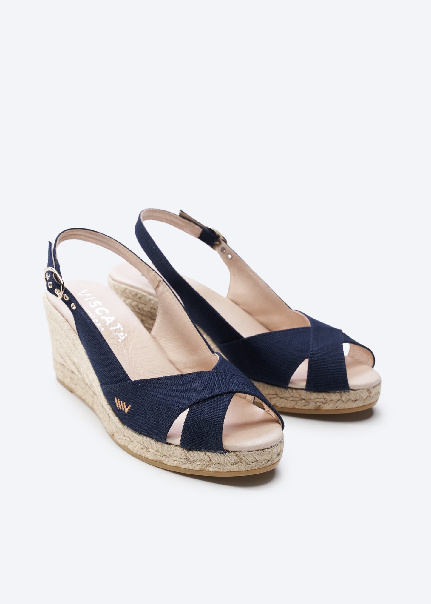 Llansa Crossed Open Toe Navy Blue Canvas Slingback Women Espadrille Wedges