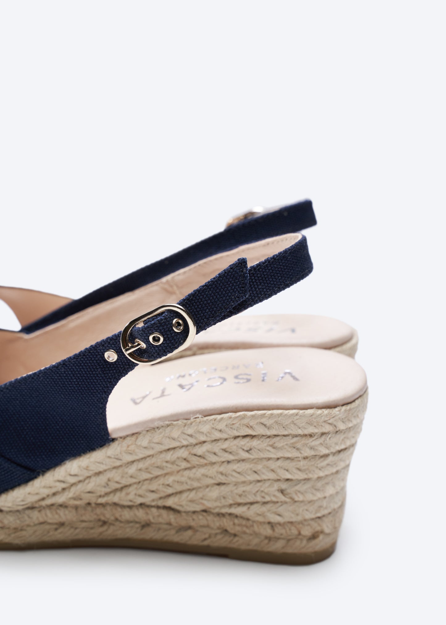 Llansa Crossed Open Toe Navy Blue Canvas Slingback Women Espadrille Wedges Buckle Detail