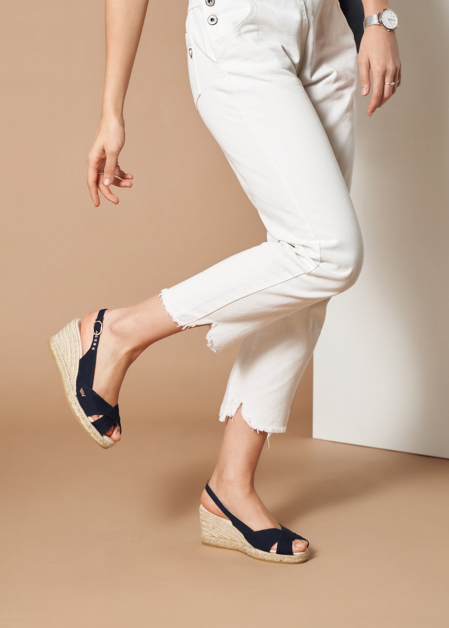 Llansa Crossed Open Toe Navy Blue Canvas Slingback Women Espadrille Wedges Legs