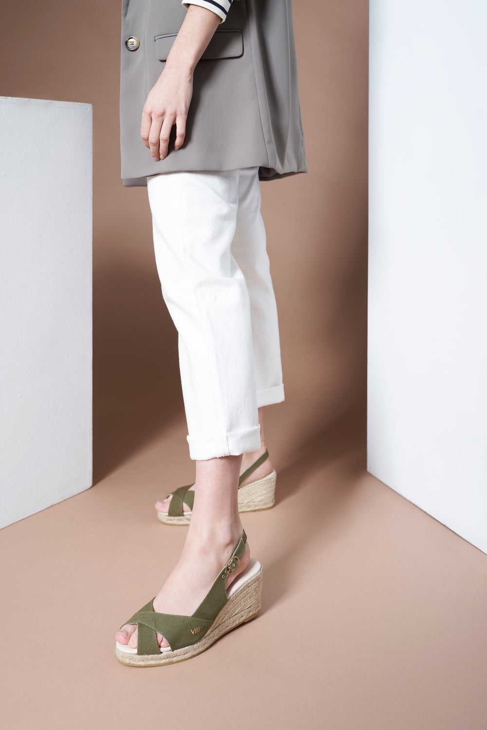 Llansa Crossed Open Toe Limited Edition Olive Canvas Slingback Women Espadrille Wedges Legs