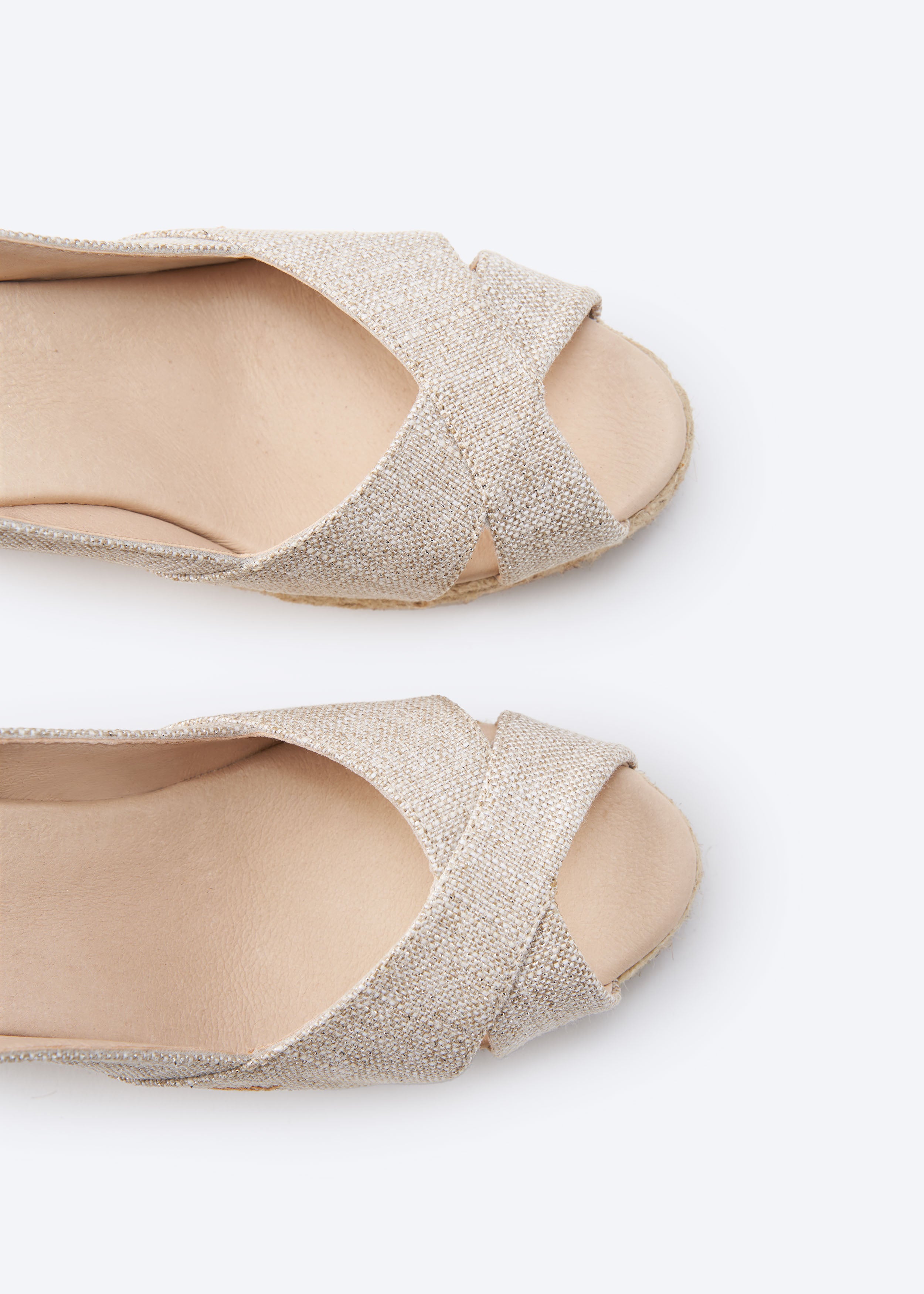 Llansa Limited Edition Silver Canvas Slingback Women Espadrille Wedges  Crossed Open Toe Details