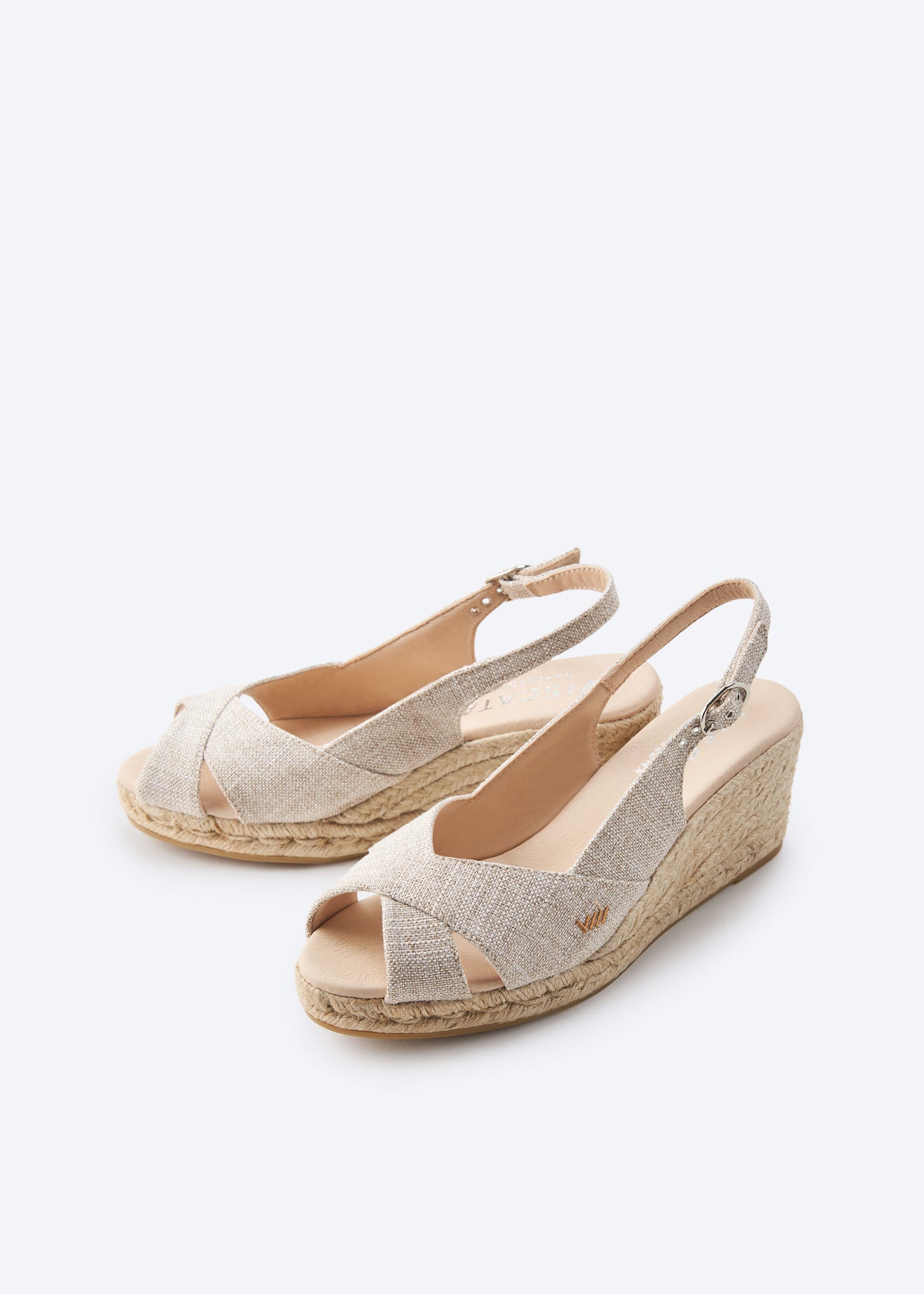 Llansa Crossed Open Toe Limited Edition Silver Canvas Slingback Women Espadrille Low Heel Wedges