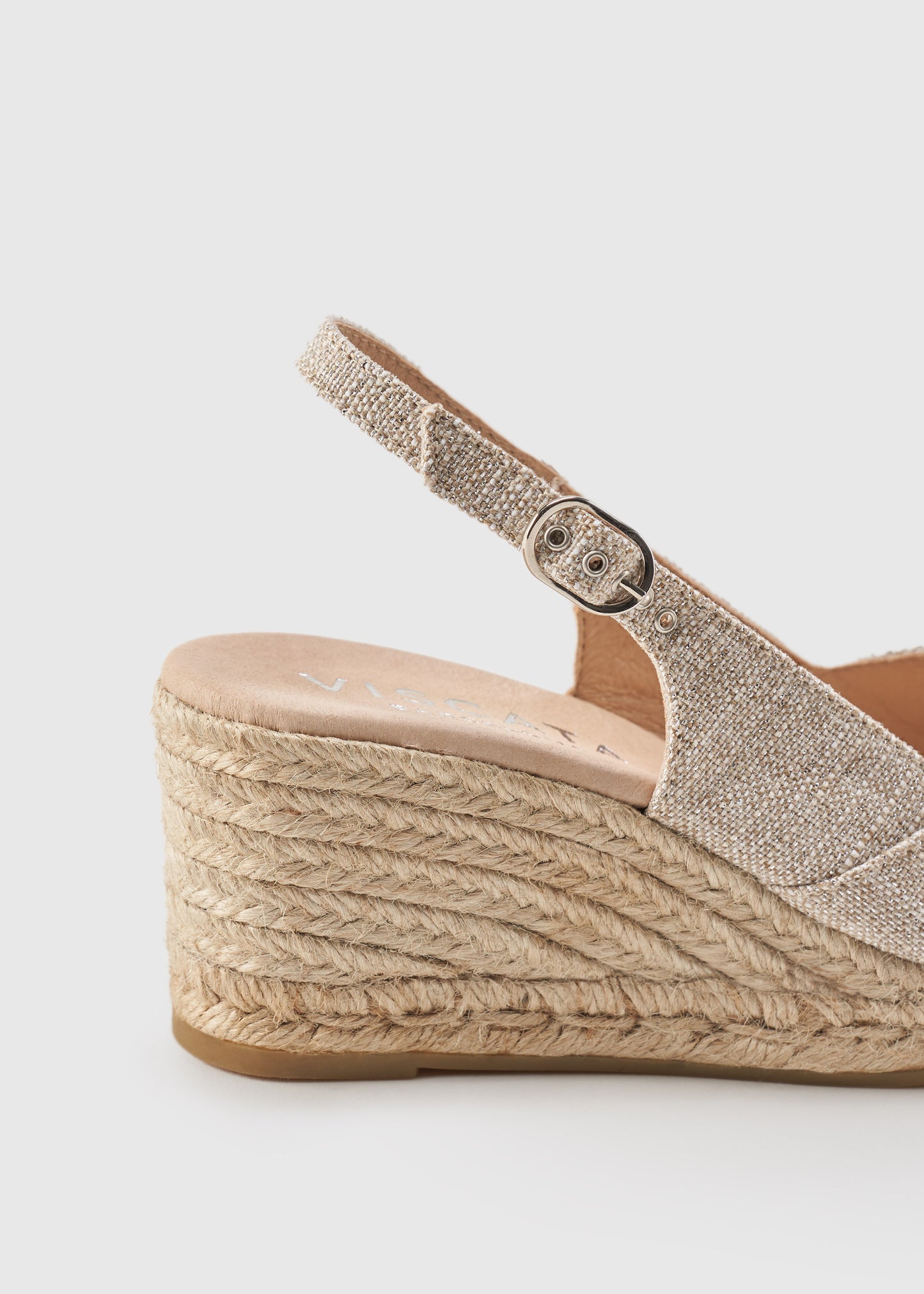 Llansa Limited Edition Silver Canvas Crossed Open Toe Women Espadrille Wedges Buckle Slingback Details