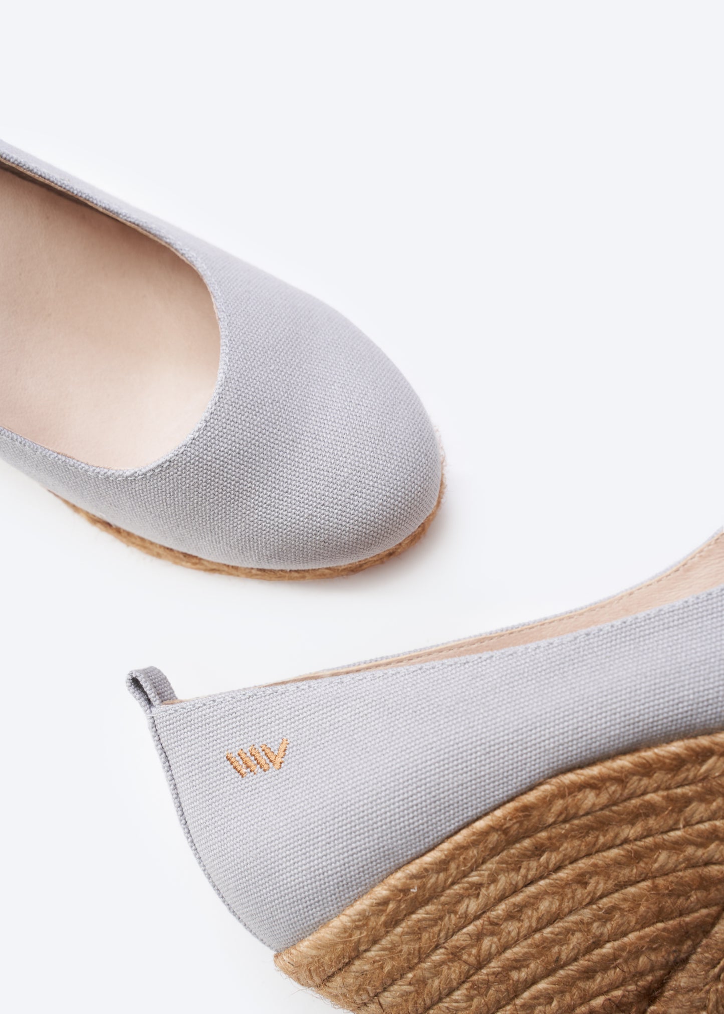 Marquesa Ash Grey Canvas Slip On Woman Espadrille Wedge High Heel Pumps Closed Toe and Back Detail
