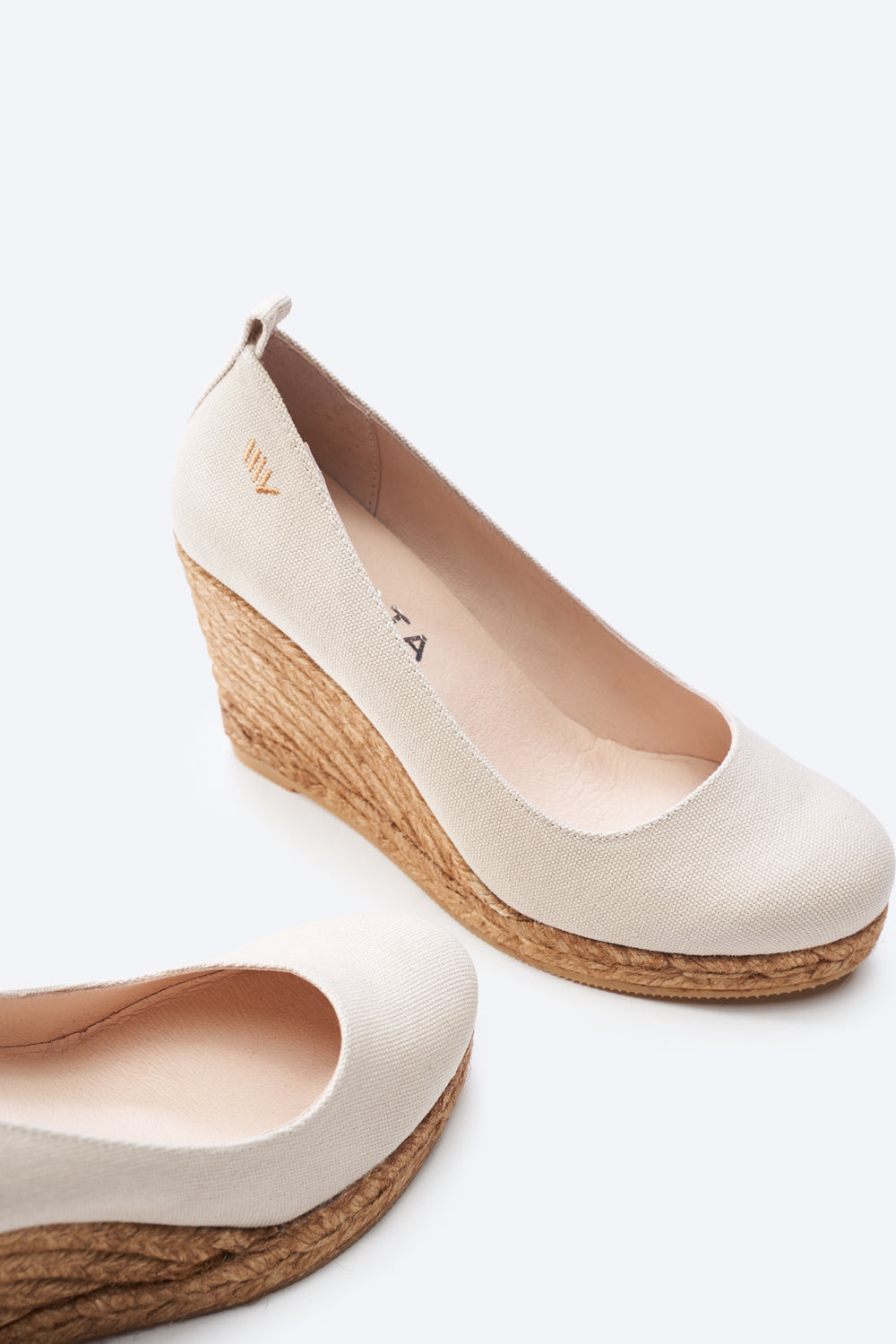 Marquesa Beige Canvas Slip On Woman Espadrille Wedge High Heel Pumps U Cut Closed Toe Detail