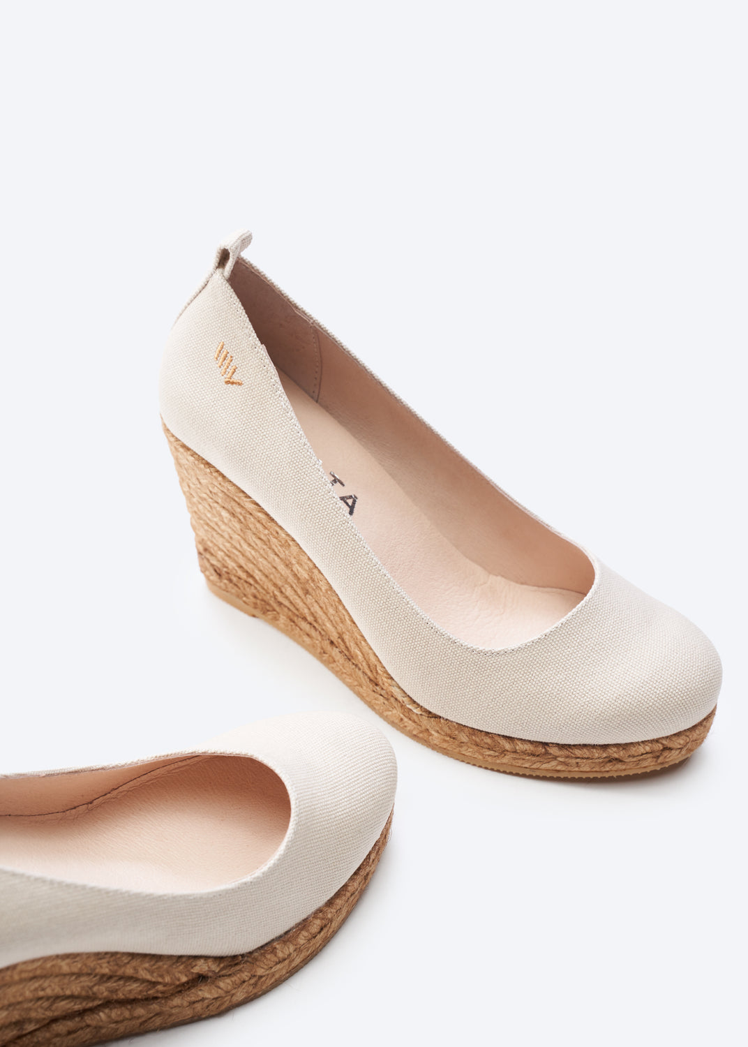 Marquesa Beige Canvas Slip On Woman Espadrille Wedge High Heel Pumps U Cut Closed Toe Detail