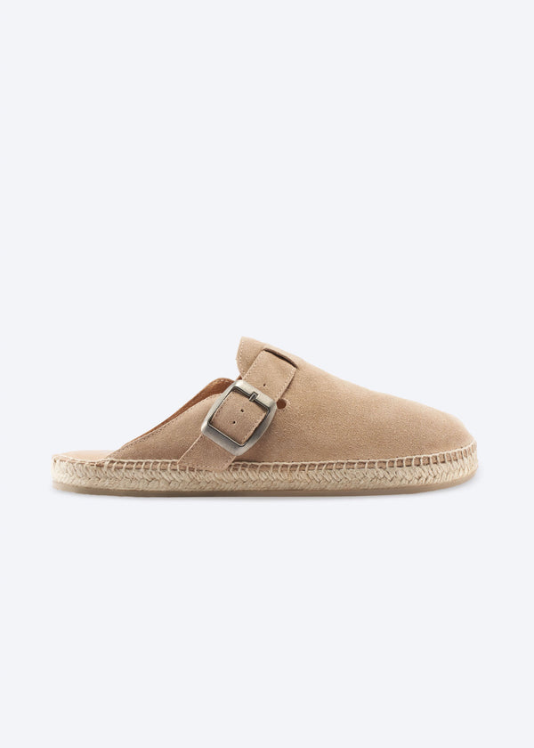 Camel suede espadrille clog mule with buckle, side view.