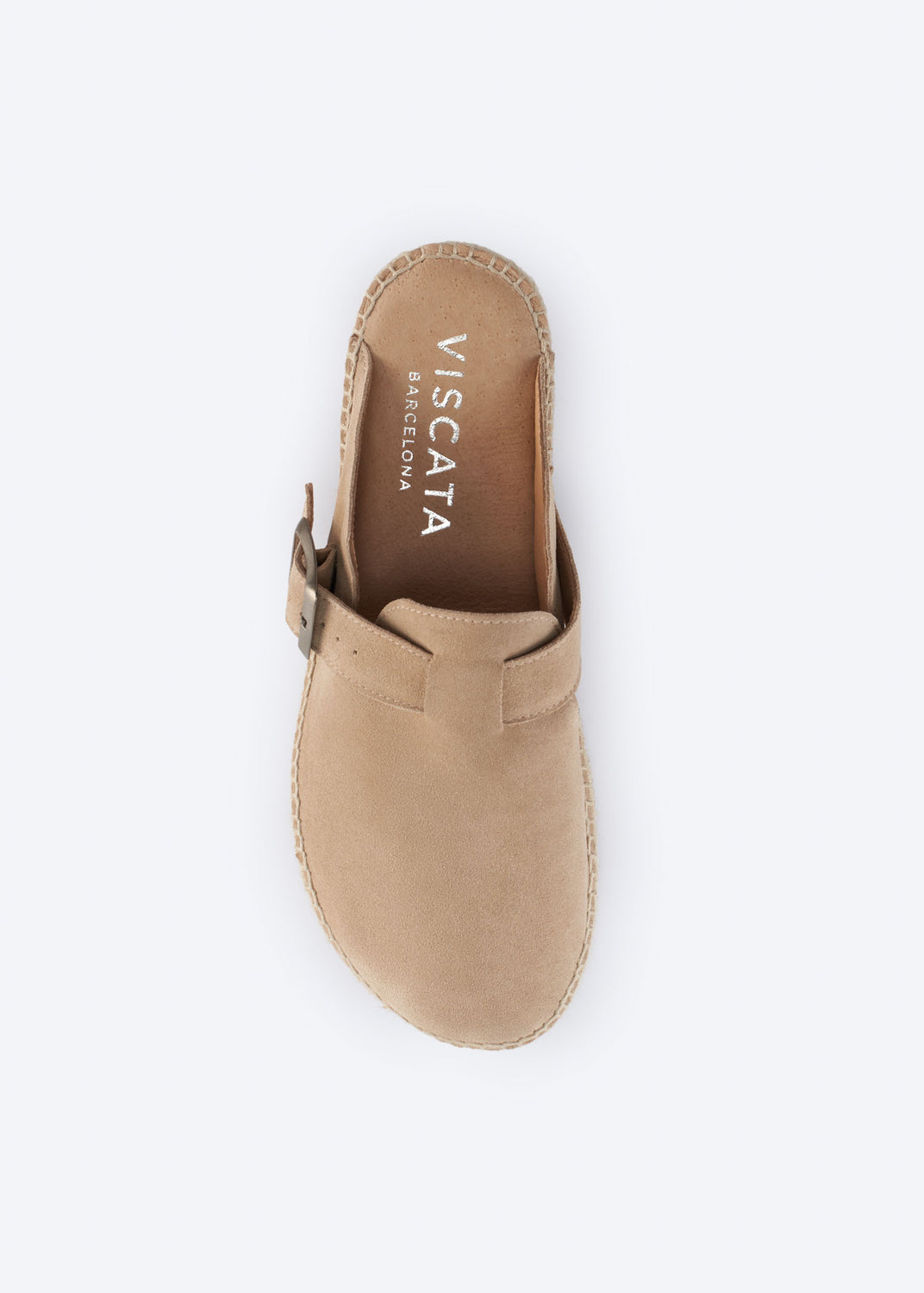 Top view of a camel suede espadrille clog mule with buckle.