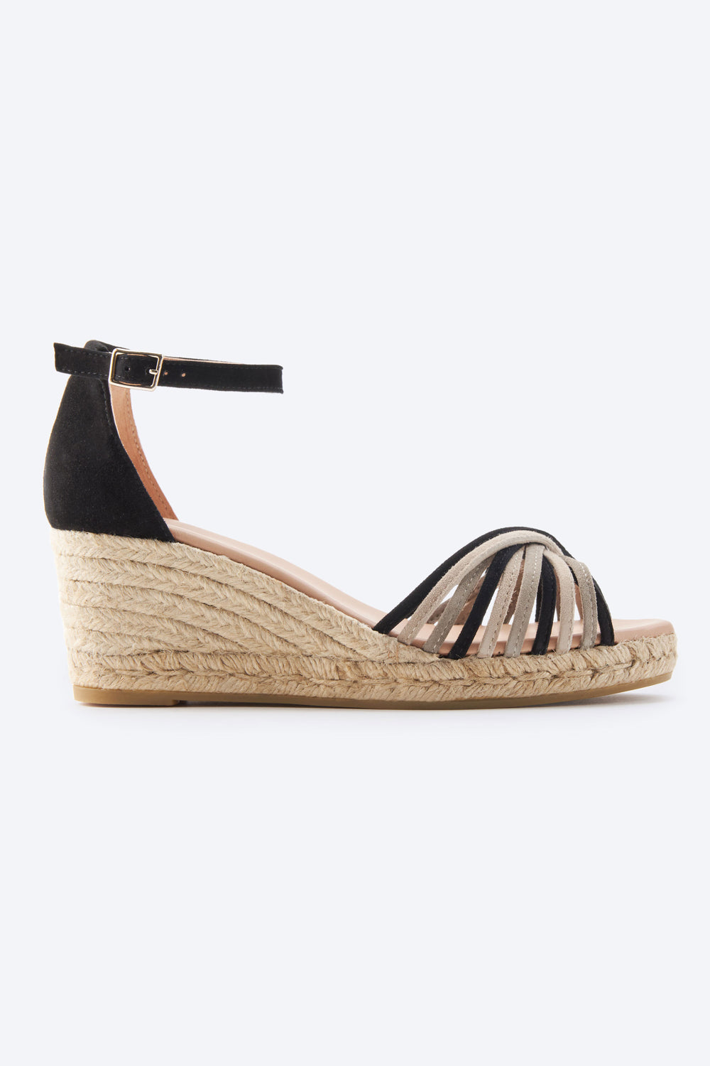 Miera Black Suede Ankle Strap Women Multicolor Crossed Straps Open Toe Espadrille Medium Wedge