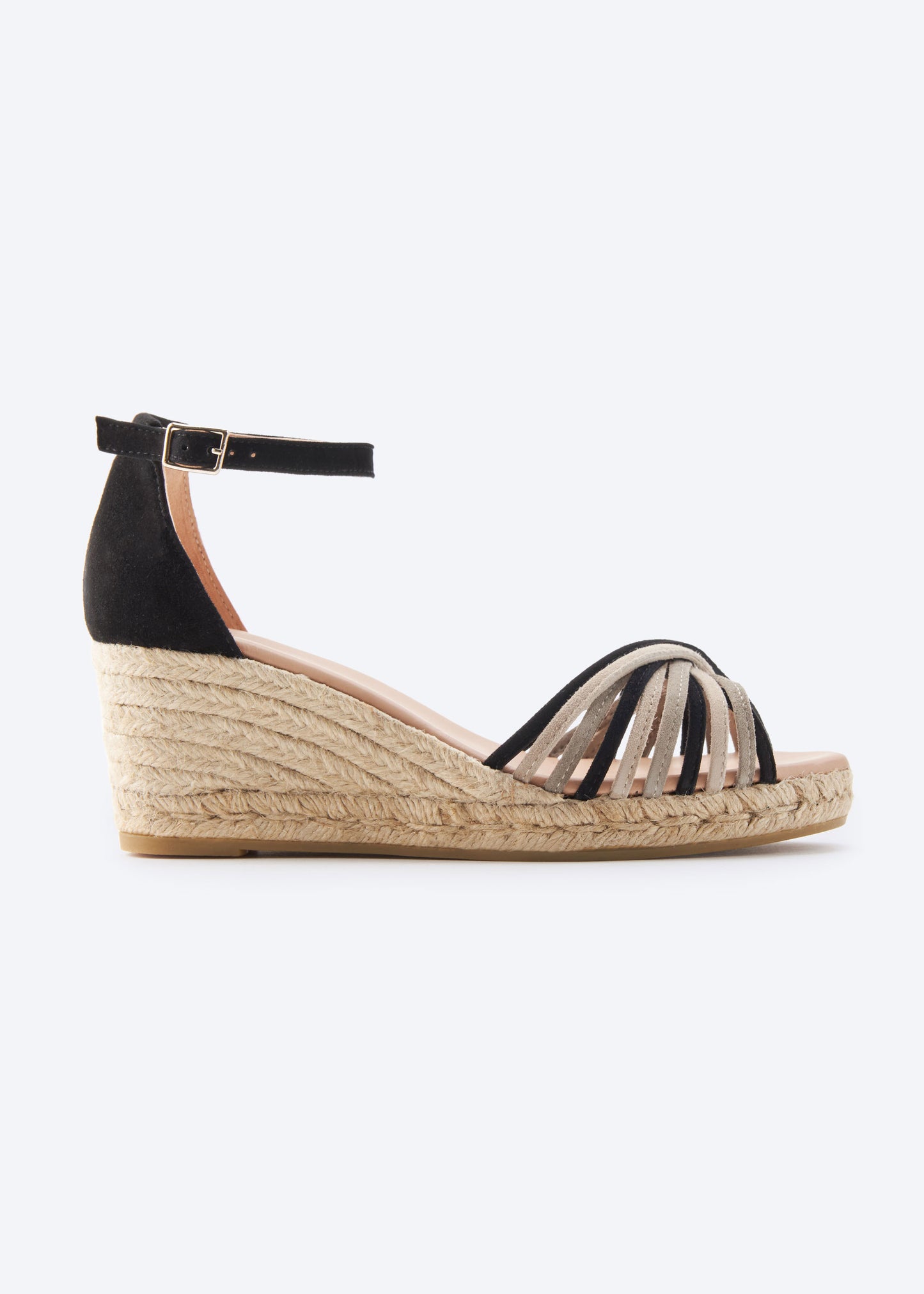 Miera Black Suede Ankle Strap Women Multicolor Crossed Straps Open Toe Espadrille Medium Wedge