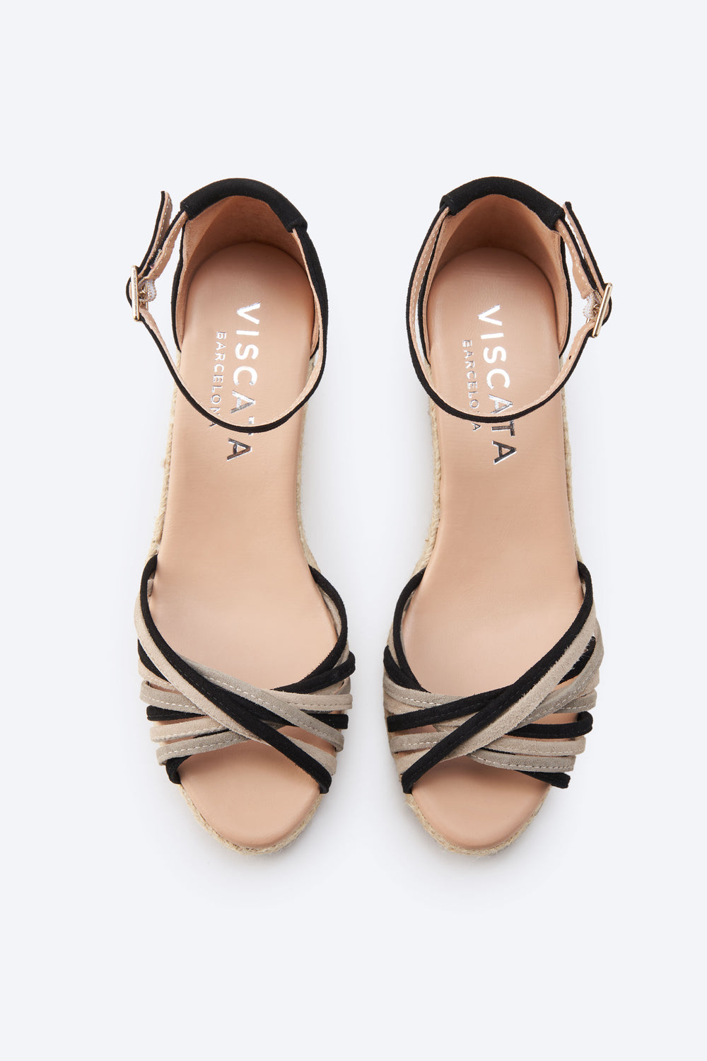 Miera Black Suede Ankle Strap Women Multicolor Black and Nude Crossed Straps Open Toe Espadrille Wedges