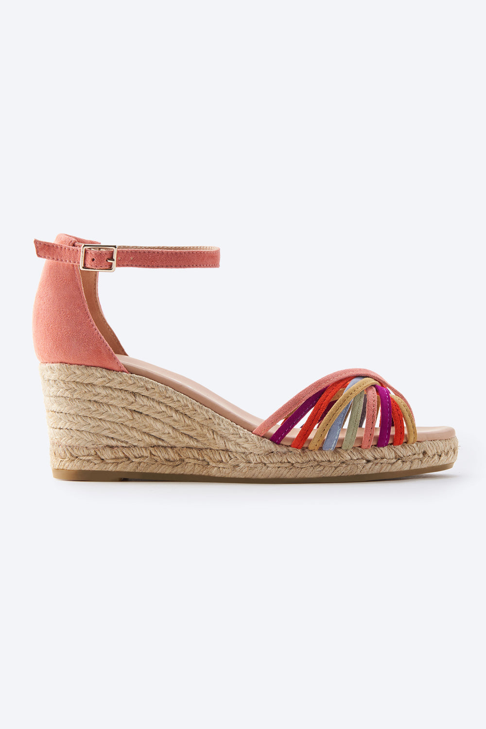 Miera Pink Suede Ankle Strap Women Multicolor Crossed Straps Open Toe Espadrille Medium Wedge