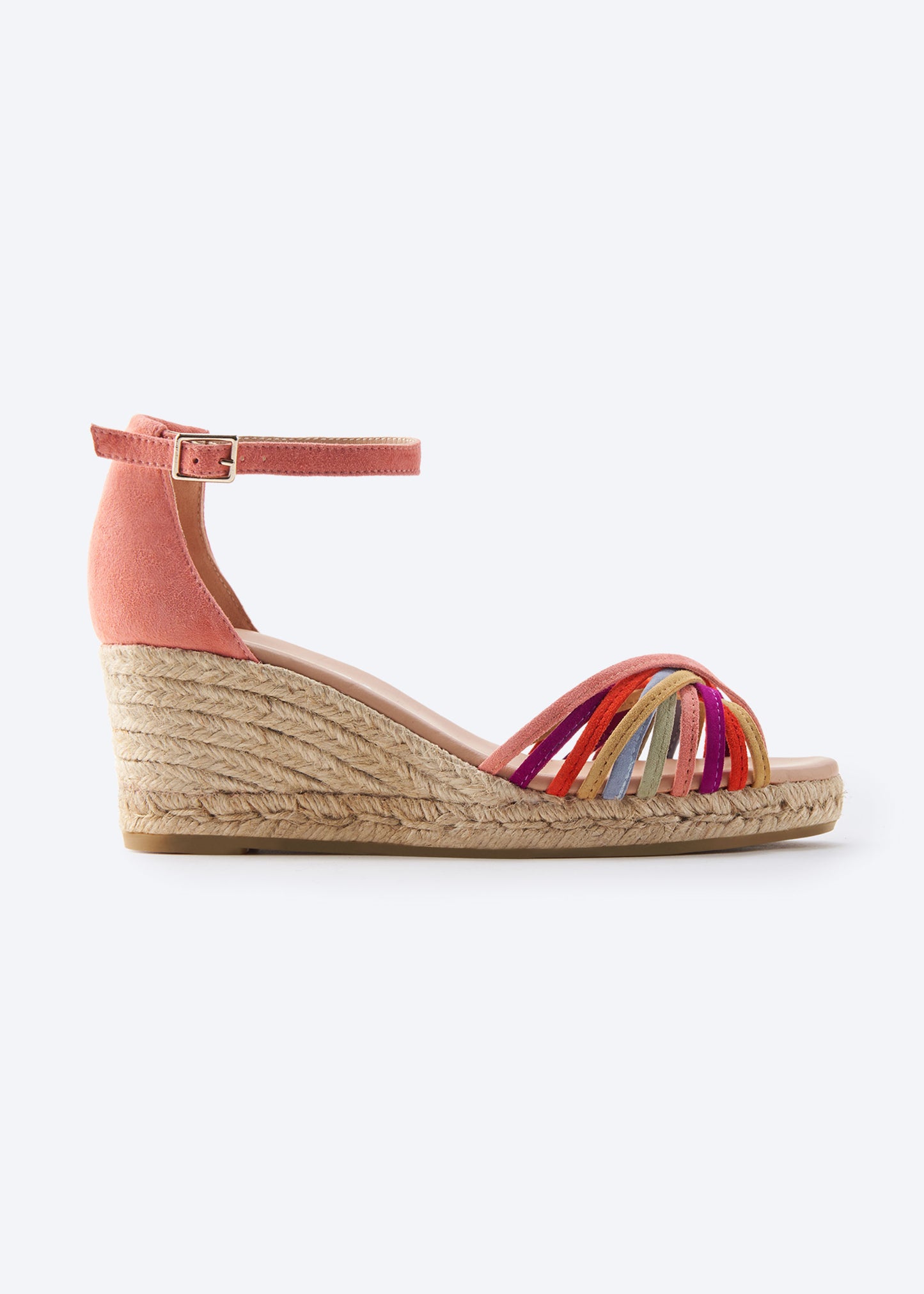Miera Pink Suede Ankle Strap Women Multicolor Crossed Straps Open Toe Espadrille Medium Wedge
