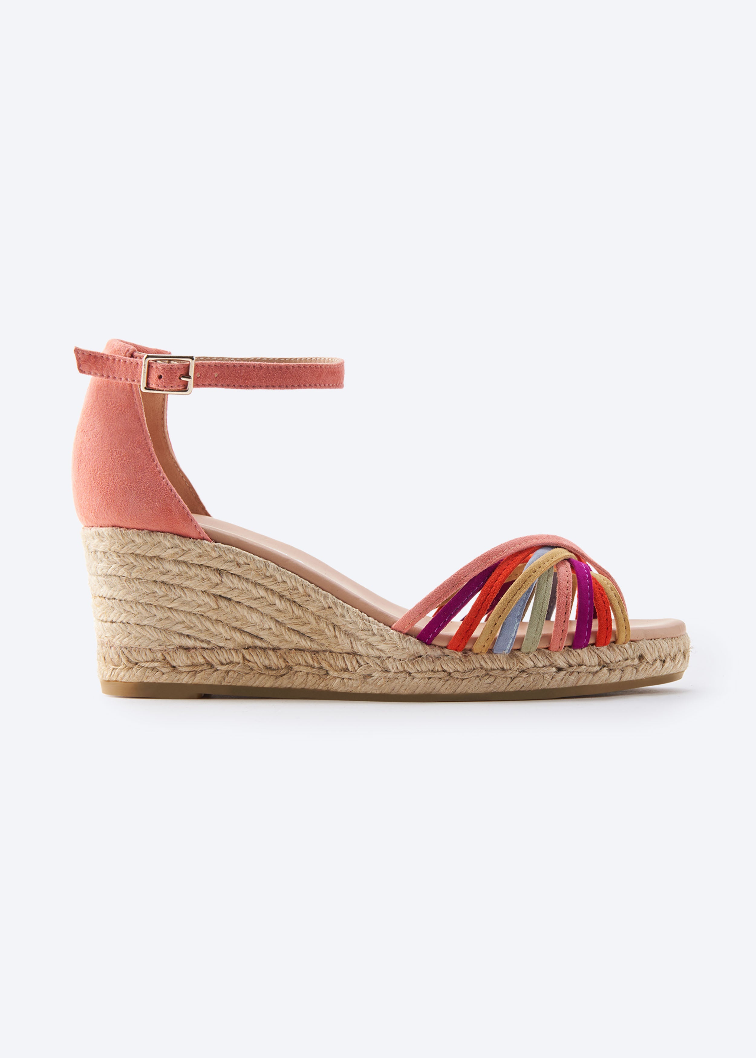 Miera Pink Suede Ankle Strap Women Multicolor Crossed Straps Open Toe Espadrille Medium Wedge