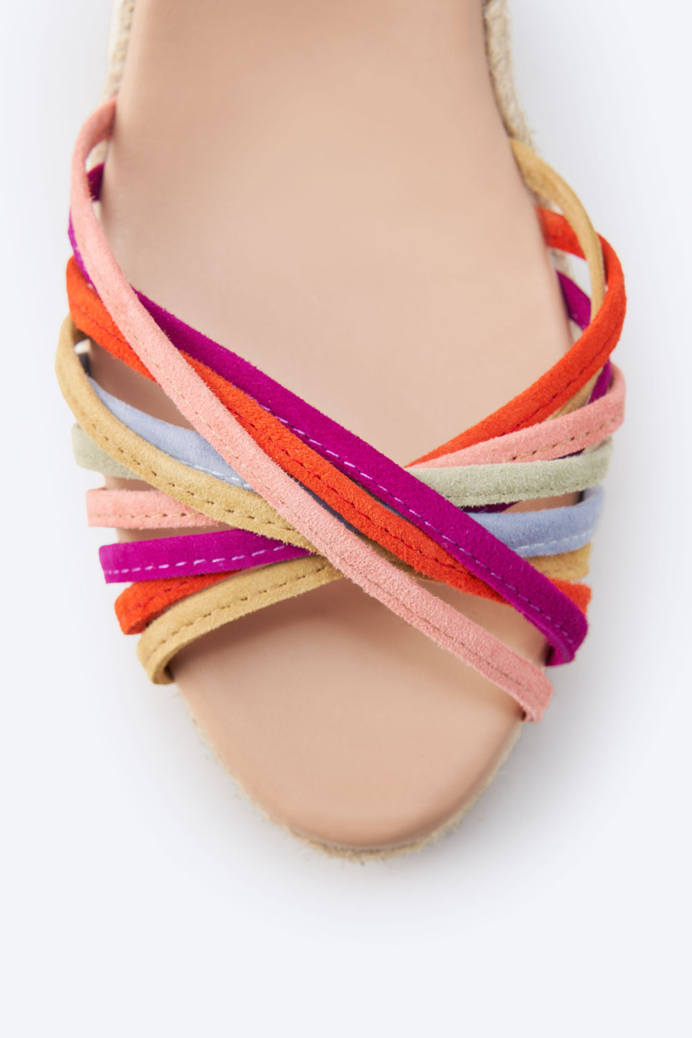 Miera Pink Suede Ankle Strap Women Espadrille Wedges Multicolor Crossed Straps Open Toe Detail