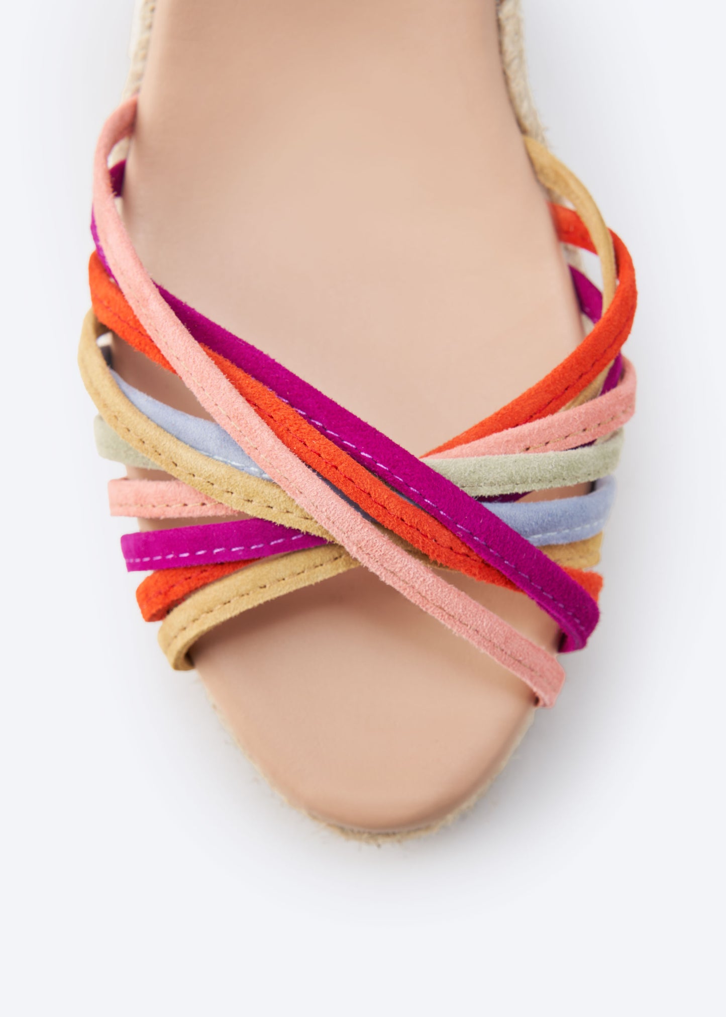 Miera Pink Suede Ankle Strap Women Espadrille Wedges Multicolor Crossed Straps Open Toe Detail