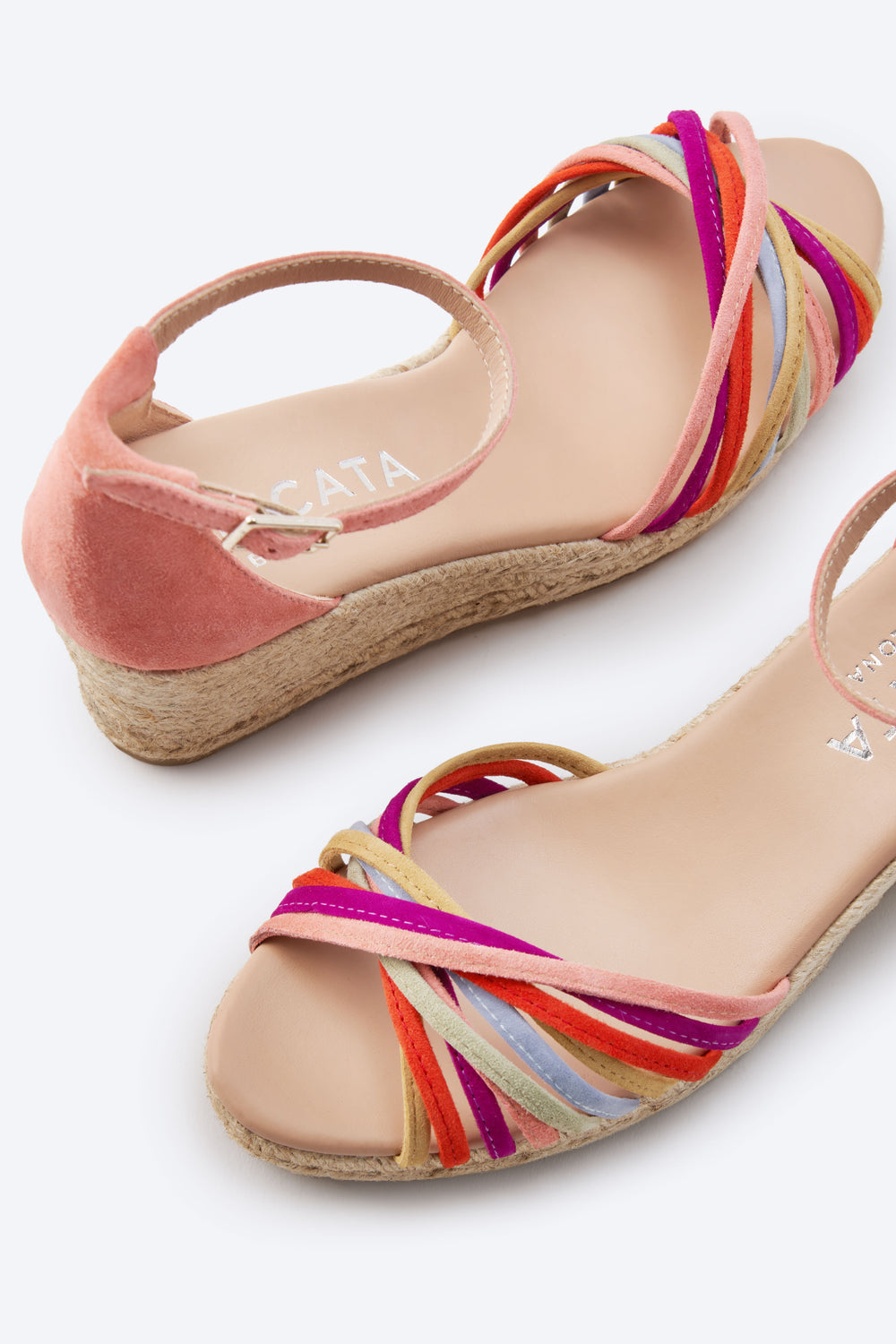 Miera Pink Suede Ankle Strap Women Multicolor Crossed Straps Open Toe Espadrille Wedges