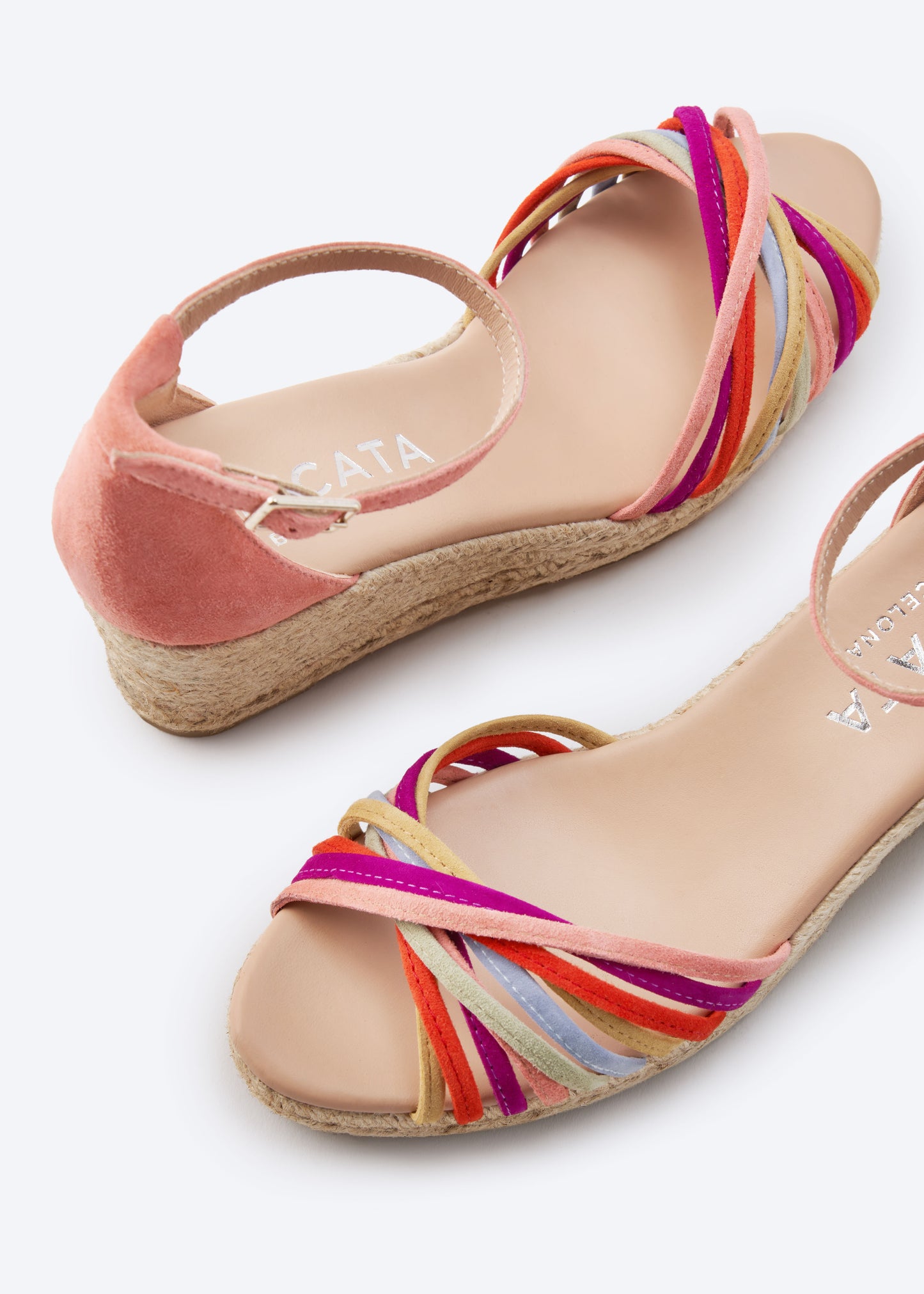 Miera Pink Suede Ankle Strap Women Multicolor Crossed Straps Open Toe Espadrille Wedges