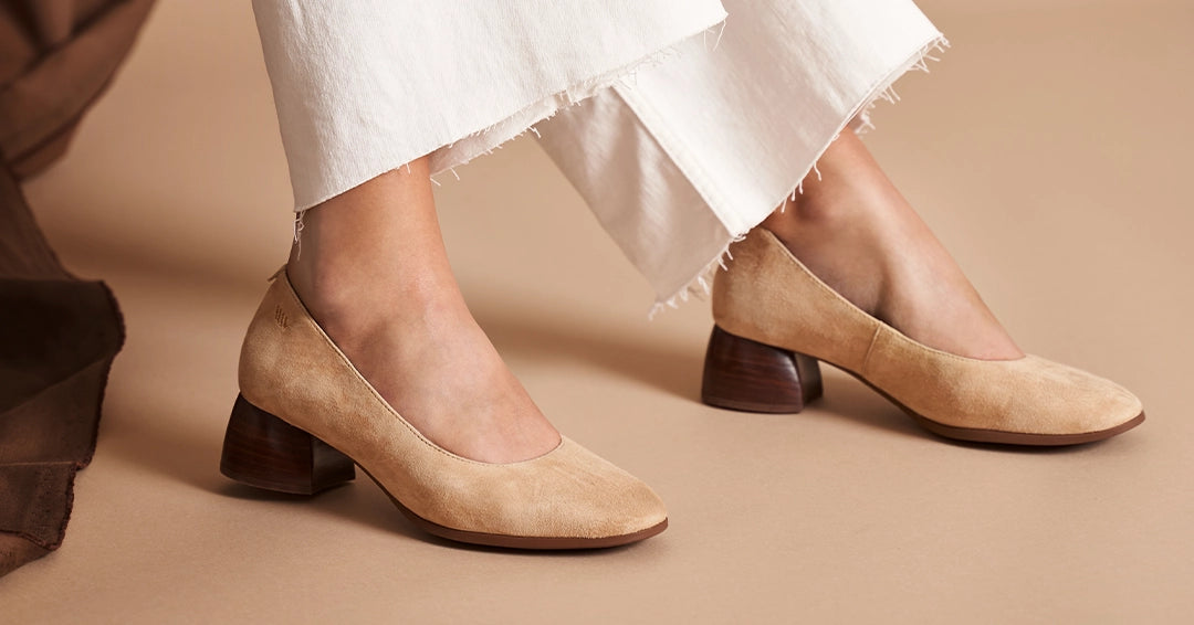 Milan suede camel low block heel shoes