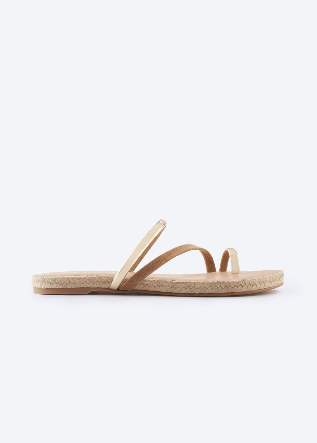 Tan suede flat sandal with metallic straps, side view.