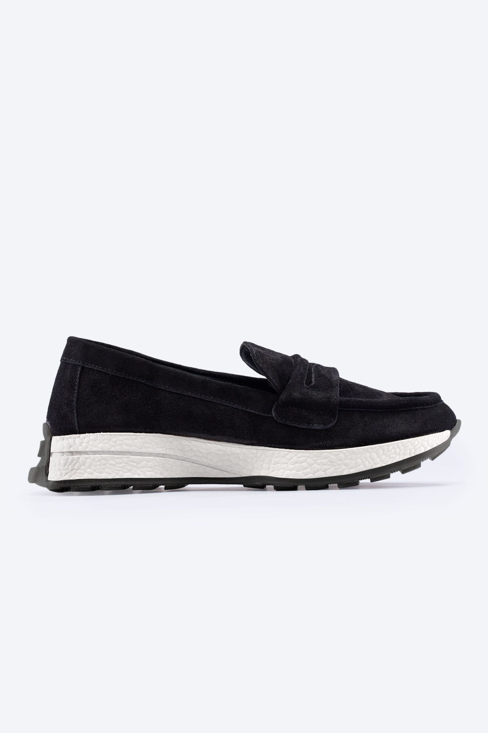 Modena Black Suede Loafer with Chunky White Platform Sole and Black Treaded Outsole