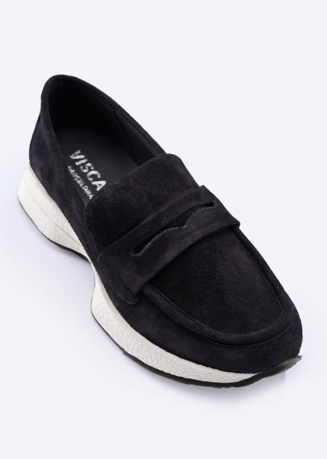 Modena Black Suede Loafer with Chunky White Platform Sole and Black Treaded Outsole Front View