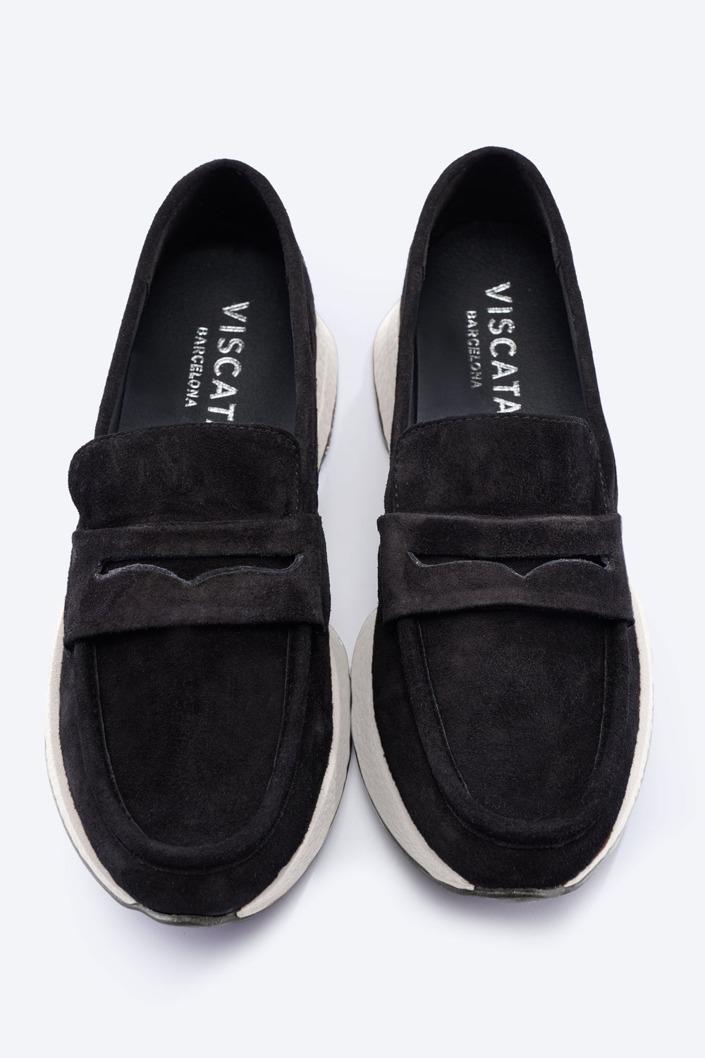 Modena Black Suede Loafers with Chunky White Platform Sole and Black Treaded Outsole