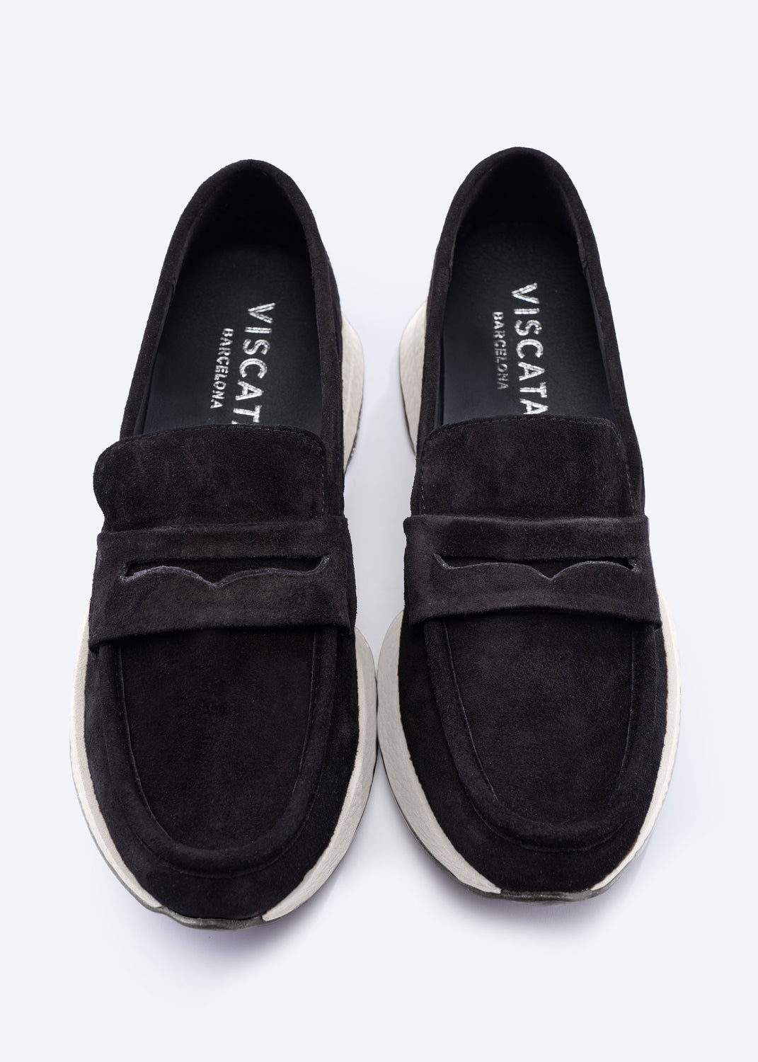 Modena Black Suede Loafers with Chunky White Platform Sole and Black Treaded Outsole