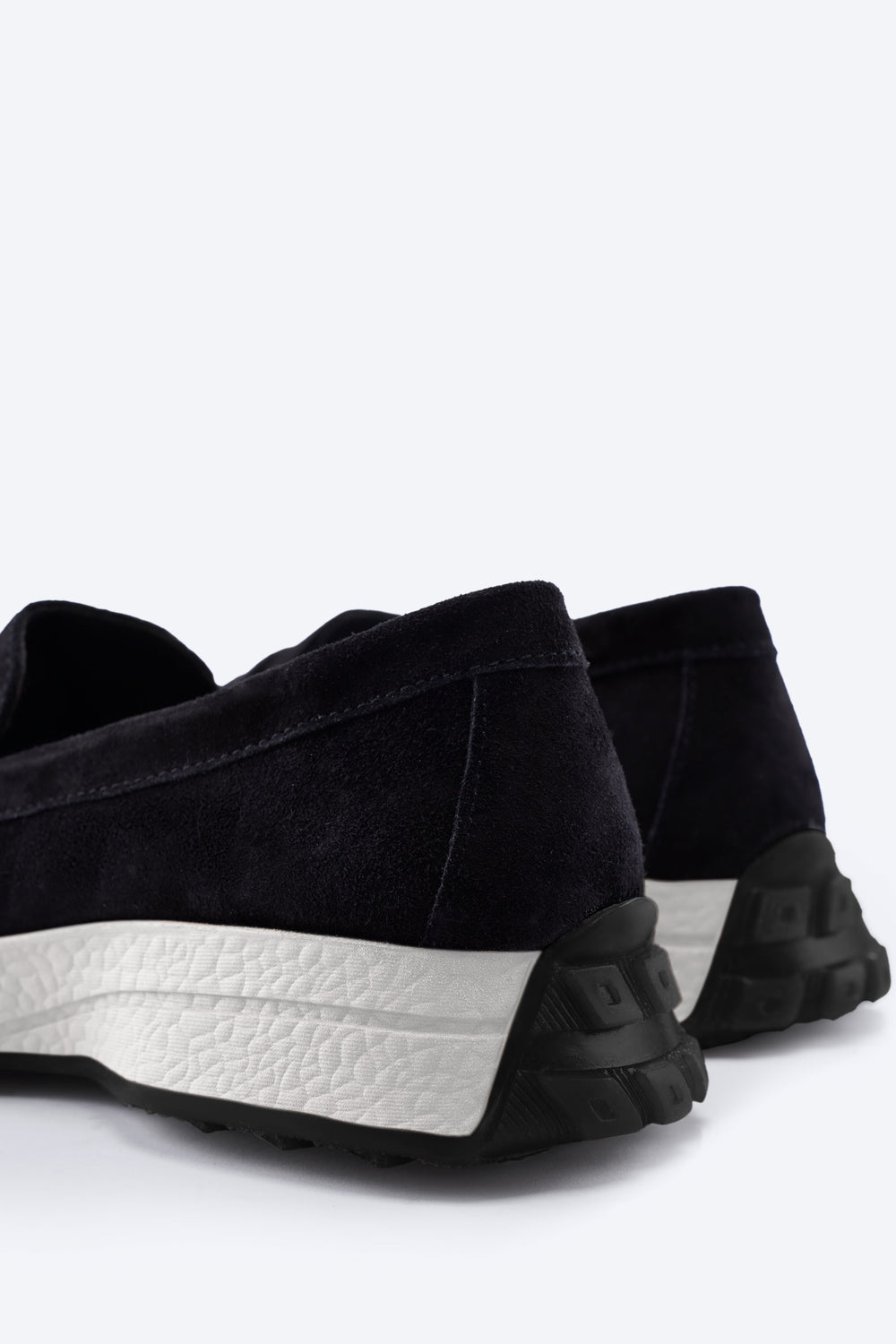 Modena Black Suede Loafers with Chunky White Platform Sole and Black Treaded Outsole Back Details