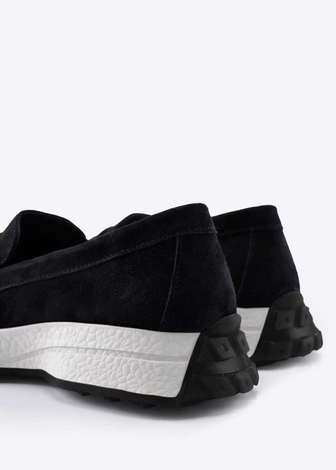 Modena Black Suede Loafers with Chunky White Platform Sole and Black Treaded Outsole Back Details