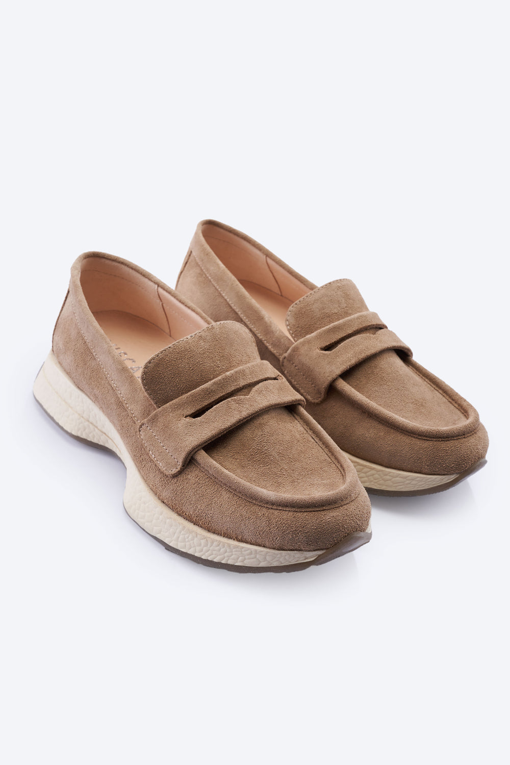 Modena Camel Suede Loafers with Chunky White Platform Sole and Brown Treaded Outsole Front View