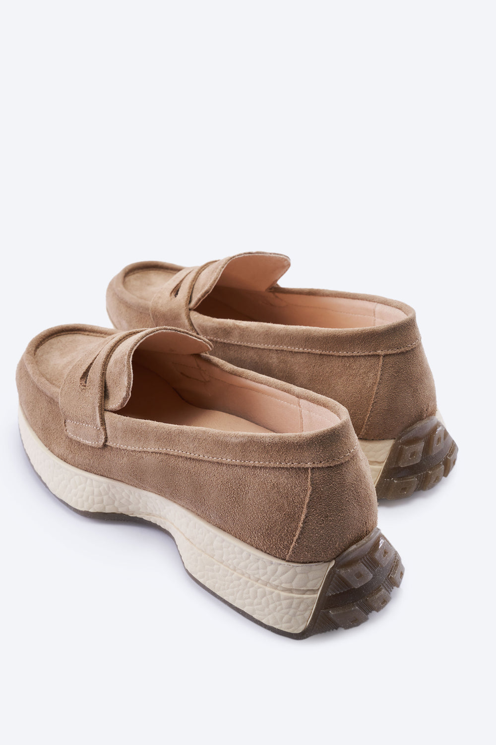 Modena Camel Suede Loafers with Chunky White Platform Sole and Brown Treaded Outsole Back View