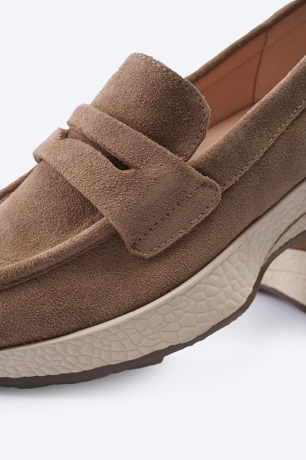 Modena Camel Suede Loafers with Chunky White Platform Sole and Brown Treaded Outsole Penny Strap Close-up