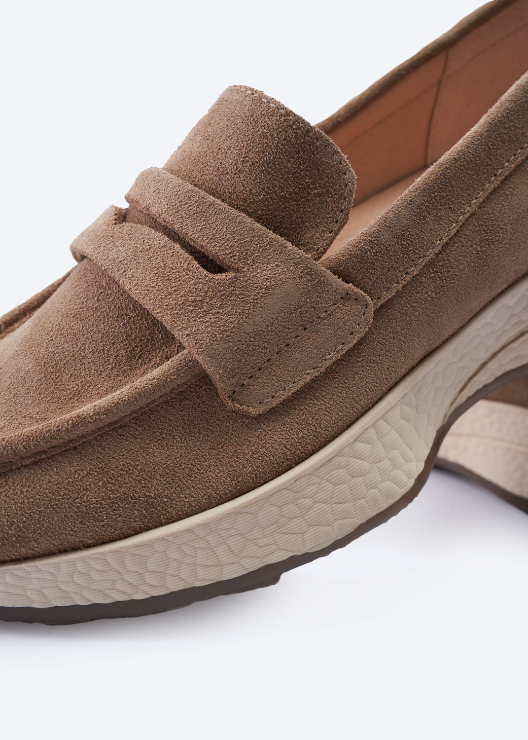 Modena Camel Suede Loafers with Chunky White Platform Sole and Brown Treaded Outsole Penny Strap Close-up