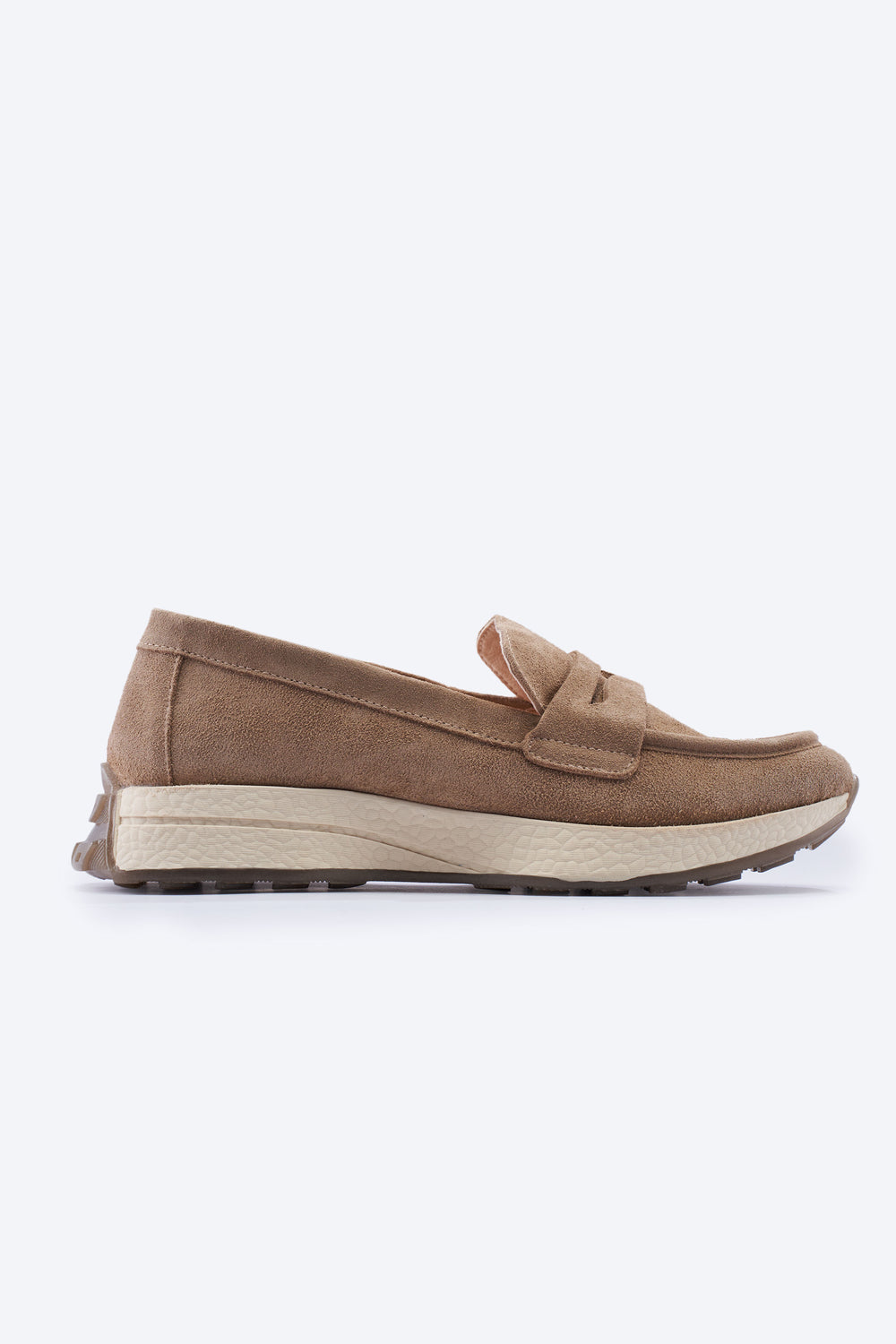 Modena Camel Suede Loafer with Chunky White Platform Sole and Brown Treaded Outsole