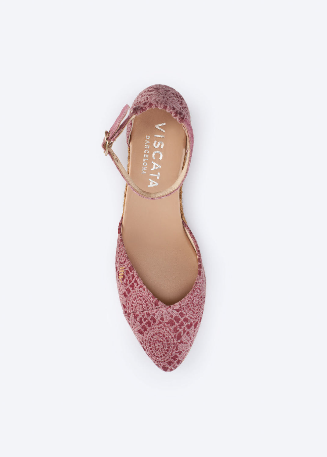 Top view of pink crochet espadrille flat with ankle strap and pointed toe.