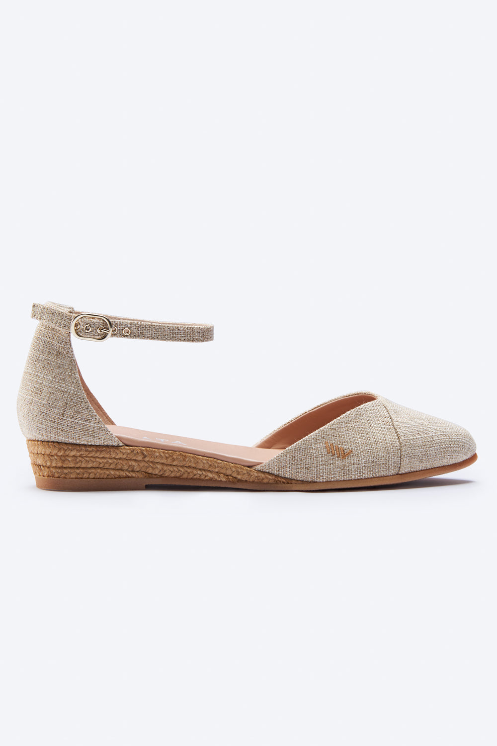 Montroig Limited Edition Gold Canvas Ankle Strap V Cut Closed Toe Women Espadrille Flats