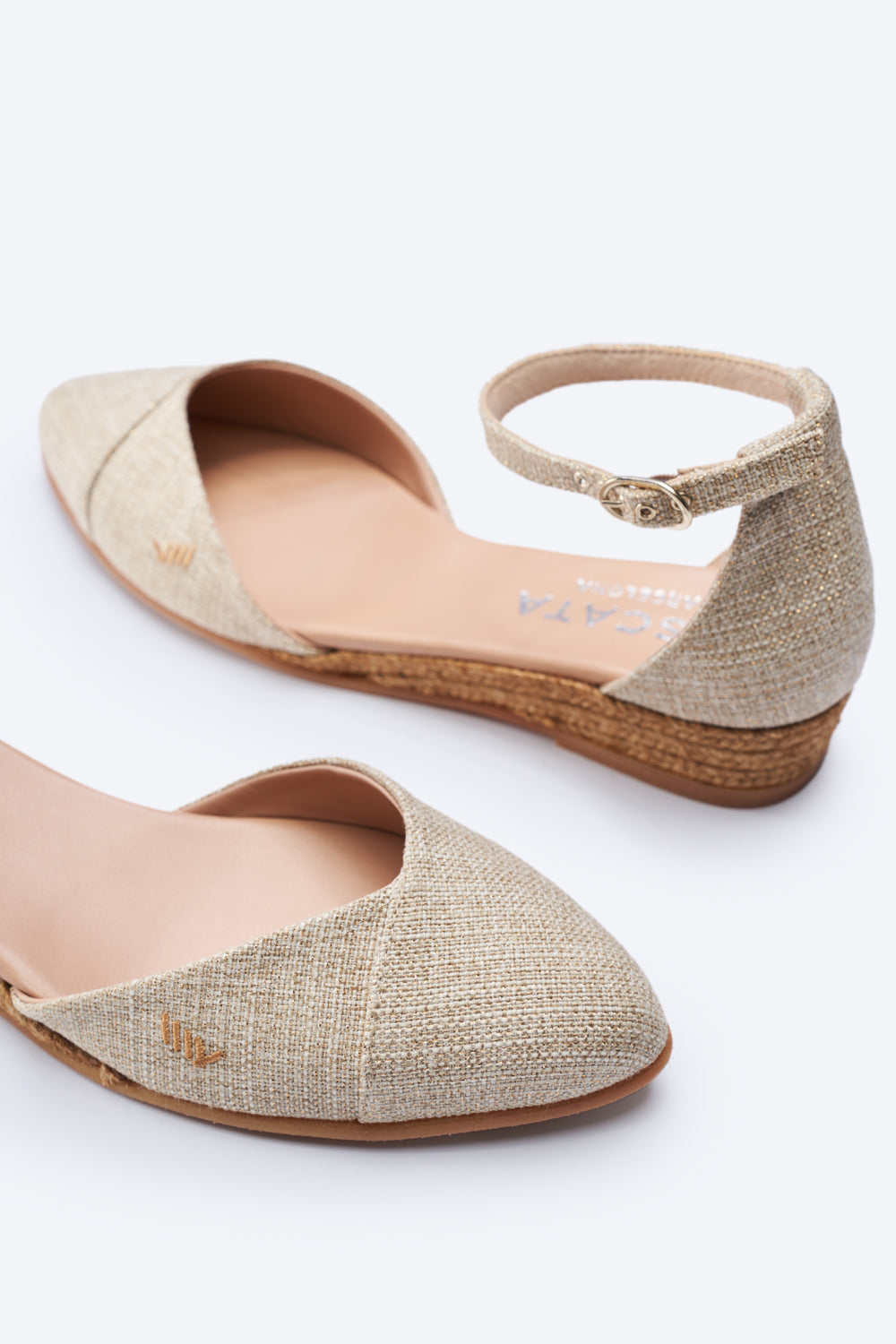 Montroig Limited Edition Gold Canvas Ankle Strap Women Espadrille Flats Toe and Back Details